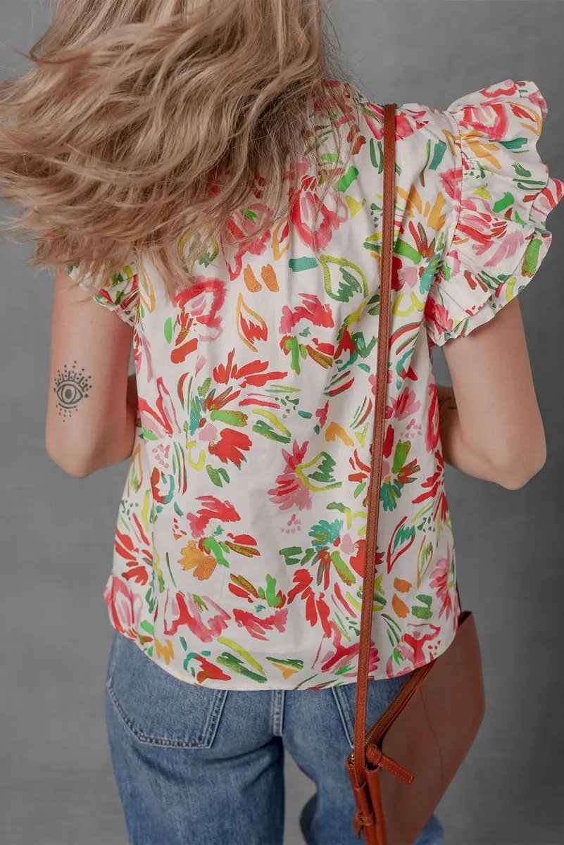 Multicolour Allover Floral Printed Flutter Sleeve Blouse - Love Salve